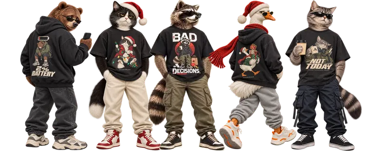 The Faunawave crew: 2% Battery bear, Christmas Cat, the Bad Decisions raccoon (our mascot), Christmas Goose and Not Today cat