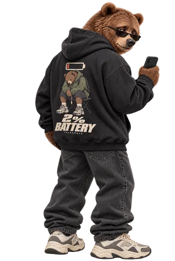 Humanized brown bear wearing the Faunawave 2% Battery hoodie