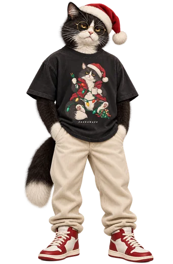 Humanized tuxedo cat wearing the Faunawave Christmas Cat tee