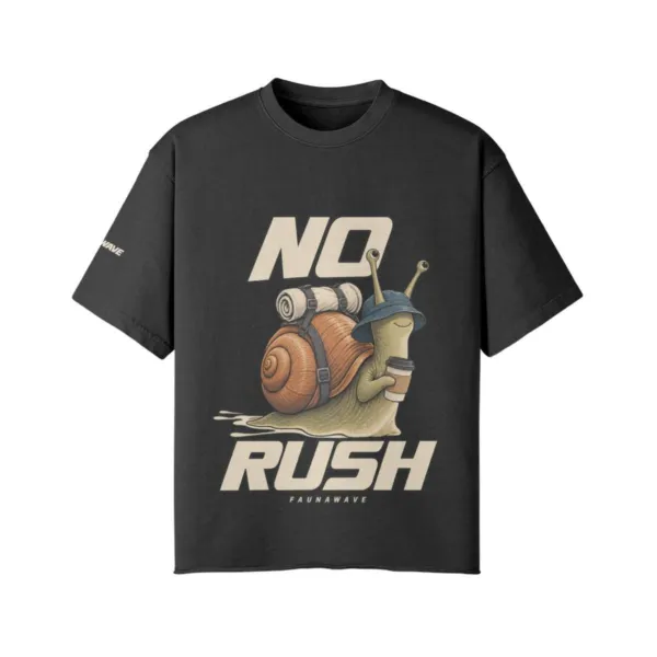 No Rush snail graphic T-shirt in Faded Black, oversized faded tee front print, flat lay