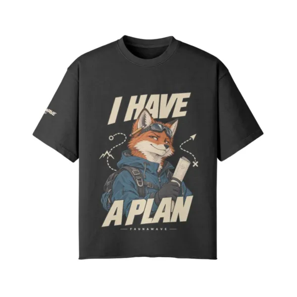 I Have a Plan fox graphic T-shirt in Faded Black, oversized faded tee front print, flat lay