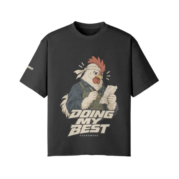 Doing My Best rooster graphic T-shirt in Faded Black, oversized faded tee front print, flat lay