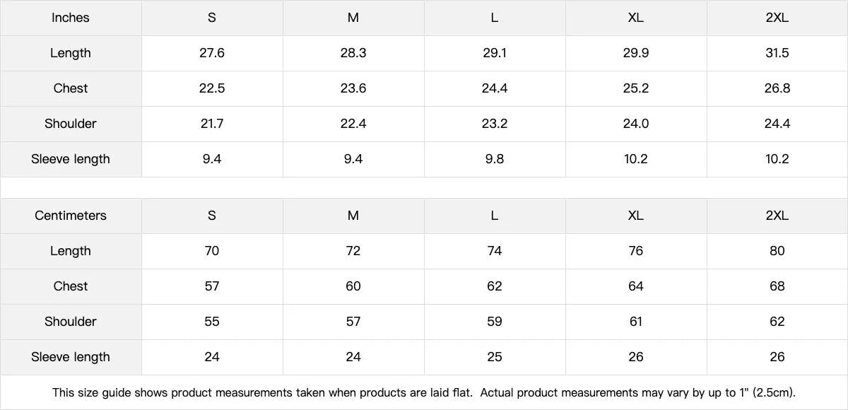 Size chart for the oversized faded T-shirt, garment measurements in inches and centimeters