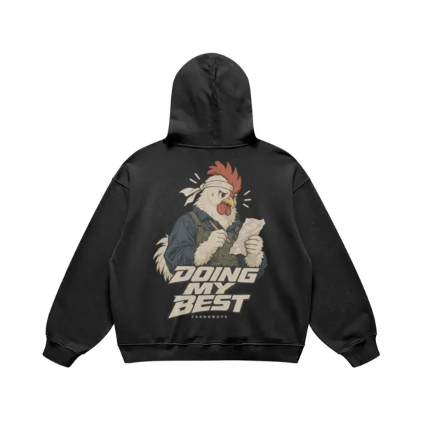 Doing My Best rooster graphic hoodie in Faded Black, oversized heavyweight back print, flat lay