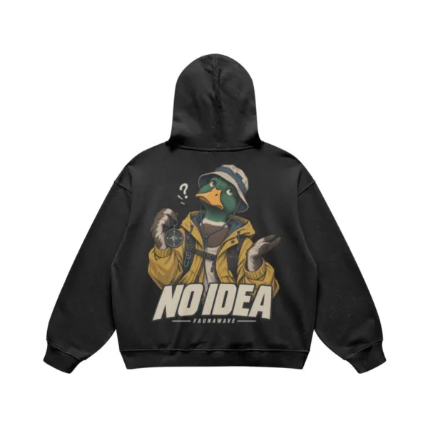 No Idea duck graphic hoodie in Faded Black, oversized heavyweight back print, flat lay