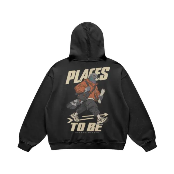 Places to Be pigeon graphic hoodie in Faded Black, oversized heavyweight back print, flat lay