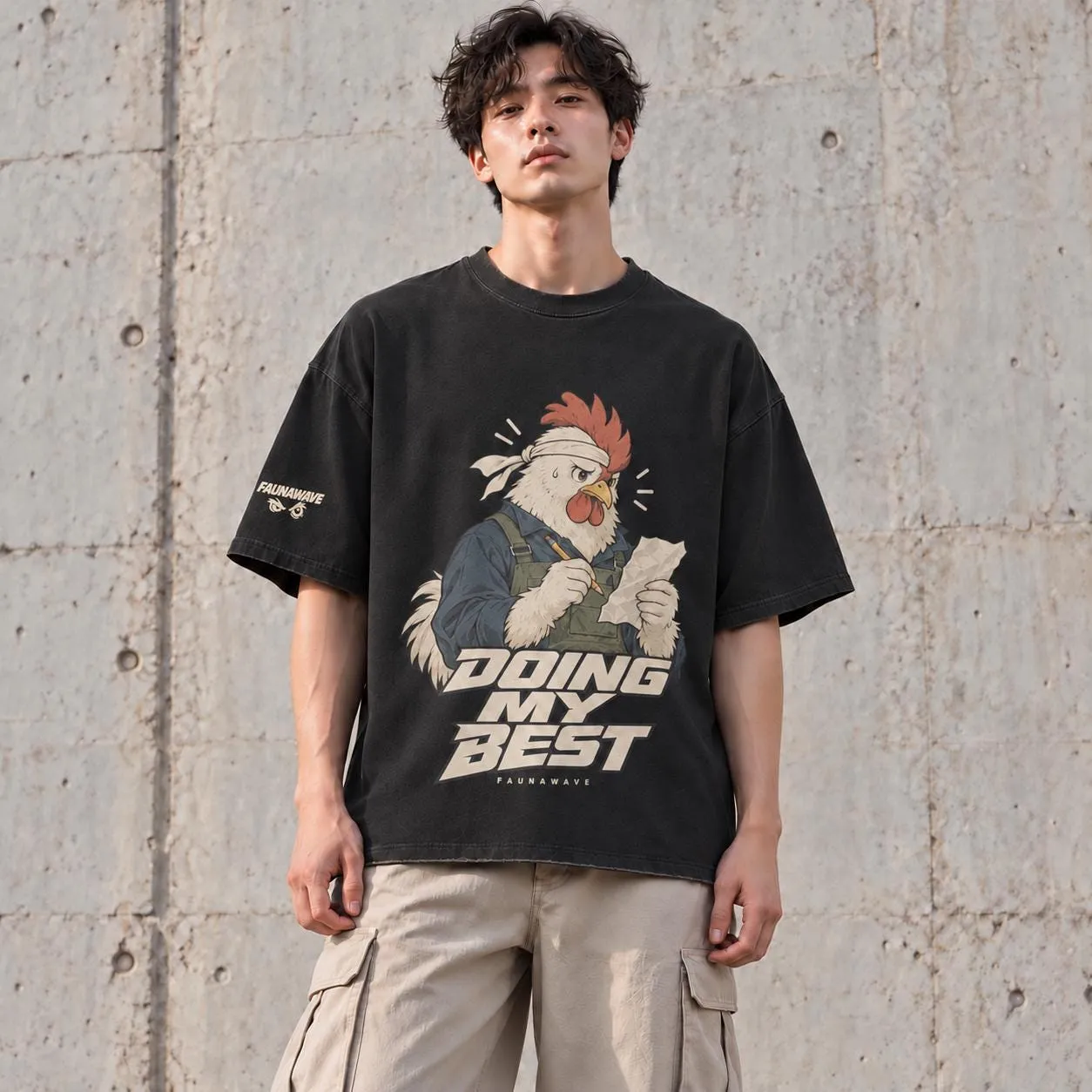 Man wearing oversized rooster T-shirt with Doing My Best front print (illustrative mockup)