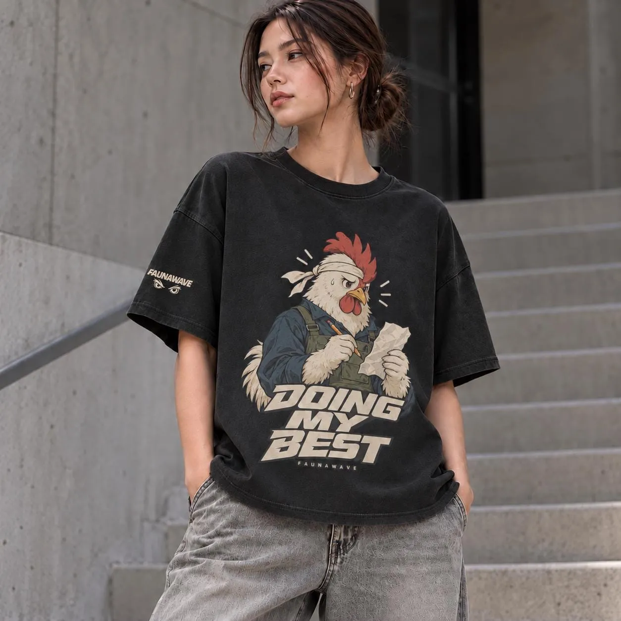 Woman wearing oversized rooster T-shirt with Doing My Best front print (illustrative mockup)