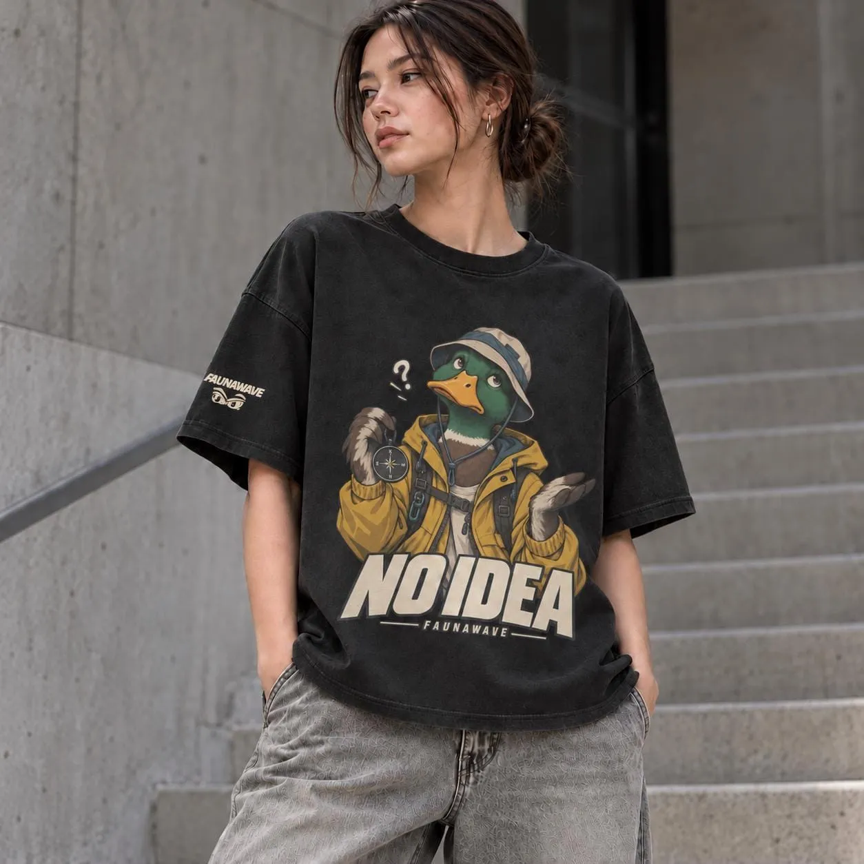 Woman wearing oversized duck T-shirt with No Idea front print (illustrative mockup)