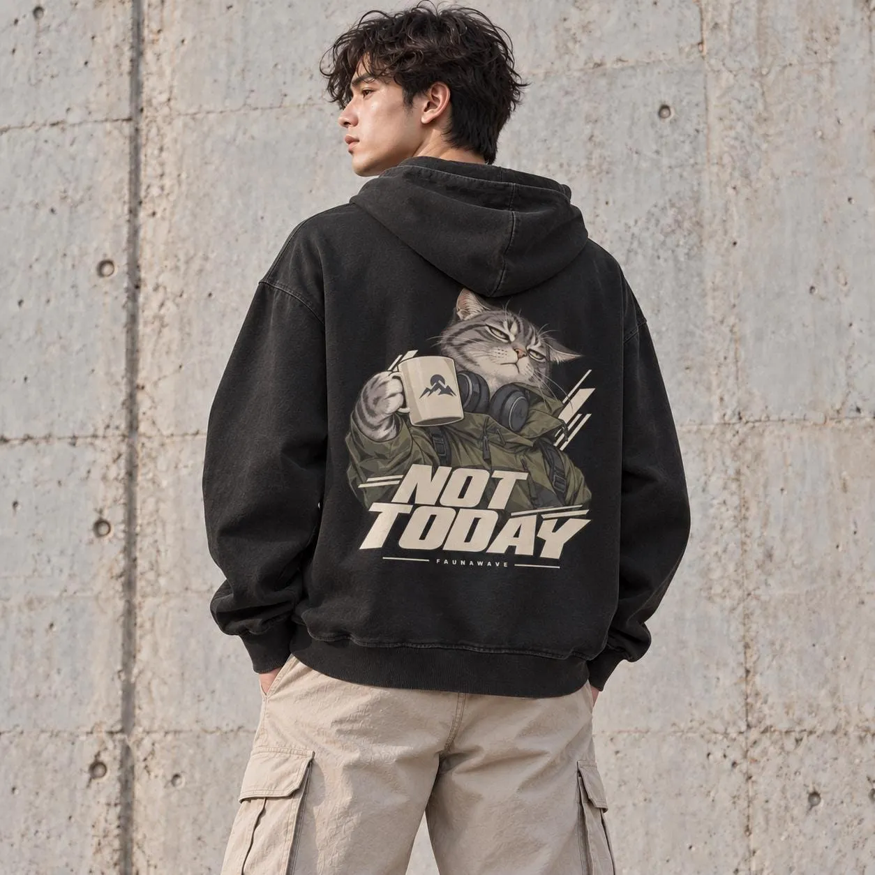 Man wearing Faded Black oversized coffee cat hoodie with Not Today back print (illustrative mockup)