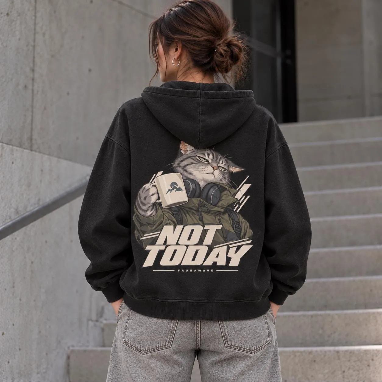 Woman wearing Faded Black oversized coffee cat hoodie with Not Today back print (illustrative mockup)