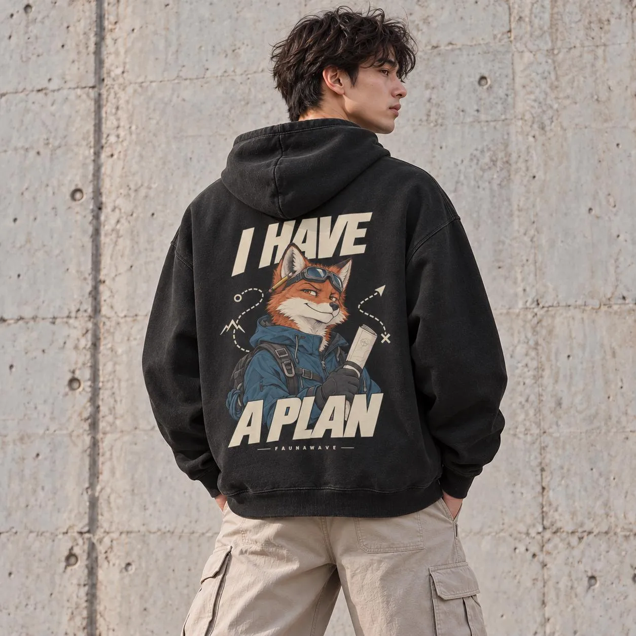 Man wearing Faded Black oversized fox hoodie with I Have a Plan back print (illustrative mockup)