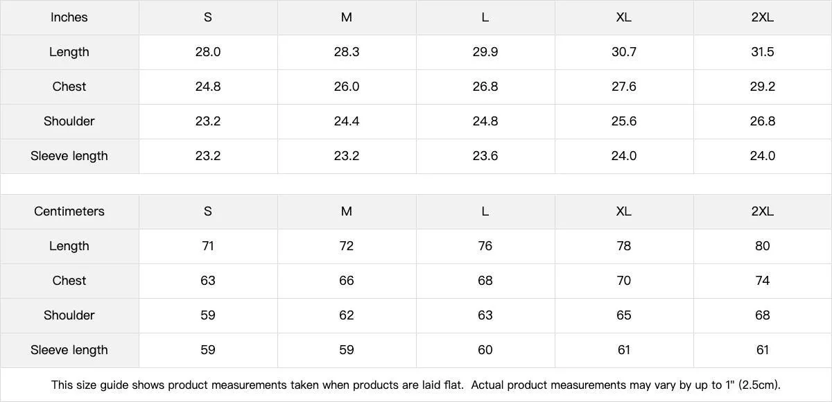 Size chart for the oversized heavyweight hoodie, garment measurements in inches and centimeters