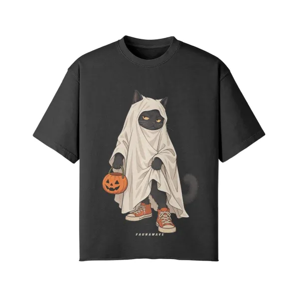Ghost cat Halloween graphic T-shirt, black cat in a ghost costume with a pumpkin bucket, Faded Black oversized faded tee, front print, flat lay