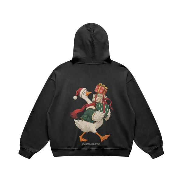 FAUNAWAVE Christmas goose: Faded black hoodie laid flat, showing the printed back.