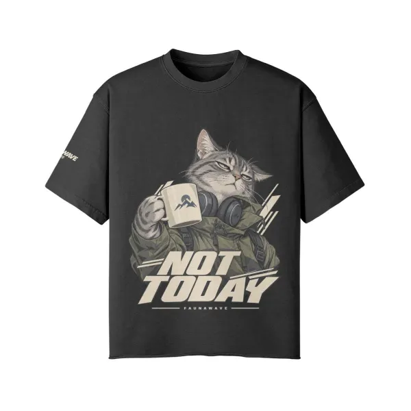 Not Today coffee cat graphic T-shirt in Faded Black, oversized faded tee front print, flat lay