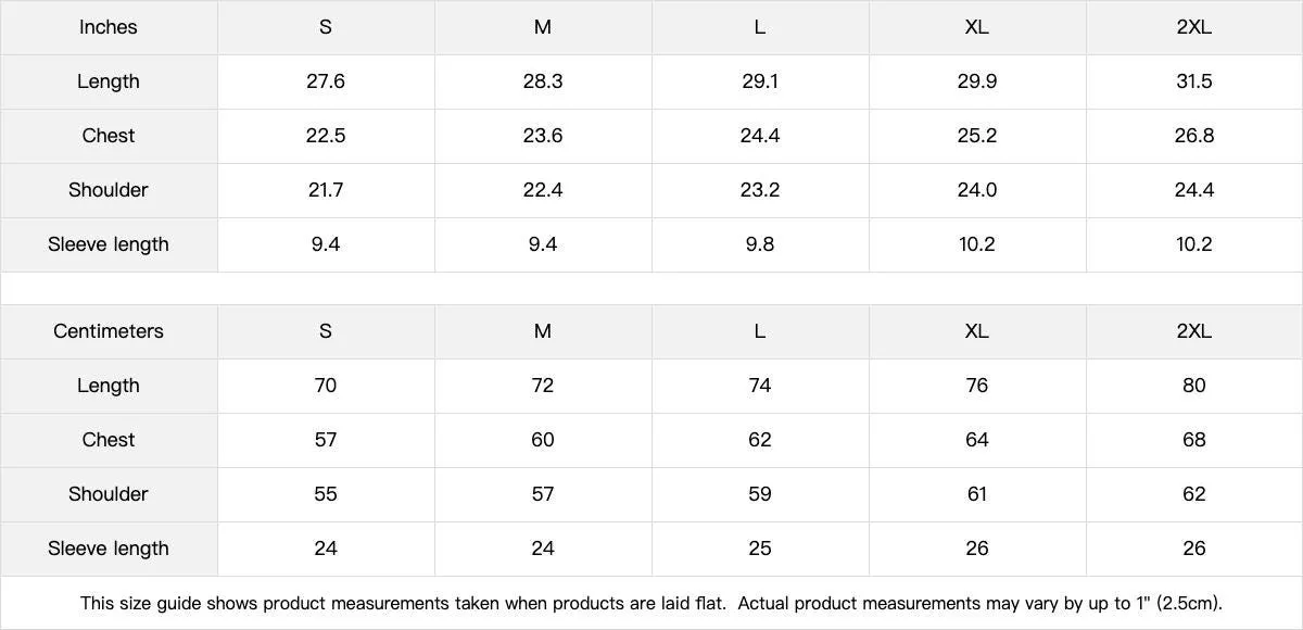 Size chart for the oversized faded T-shirt, garment measurements in inches and centimeters