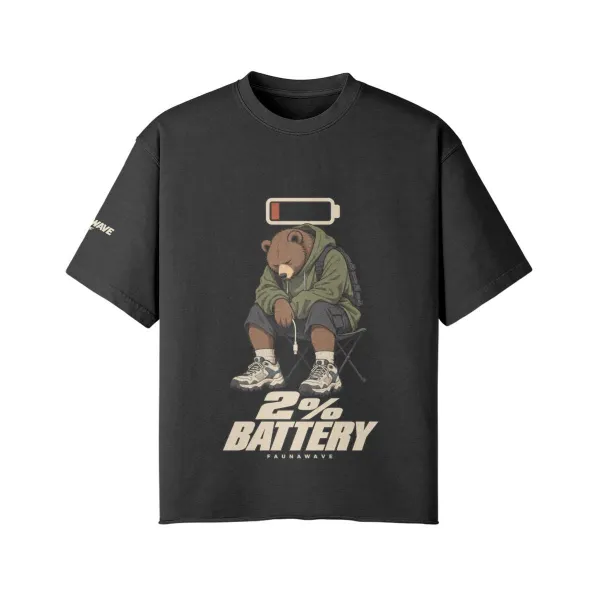 2% Battery tired brown bear graphic T-shirt in Faded Black, oversized faded tee front print, flat lay