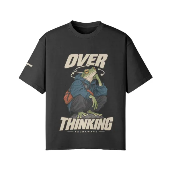 Overthinking frog graphic T-shirt in Faded Black, oversized faded tee front print, flat lay