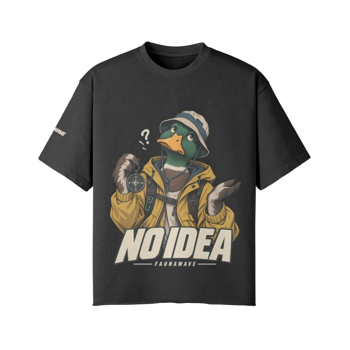 No Idea duck graphic T-shirt in Faded Black, oversized faded tee front print, flat lay