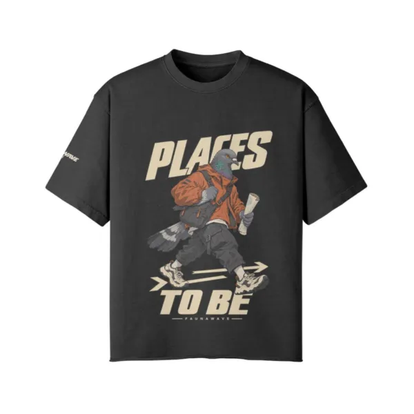 Places to Be pigeon graphic T-shirt in Faded Black, oversized faded tee front print, flat lay