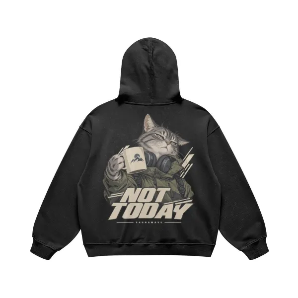 Not Today coffee cat graphic hoodie in Faded Black, oversized heavyweight back print, flat lay