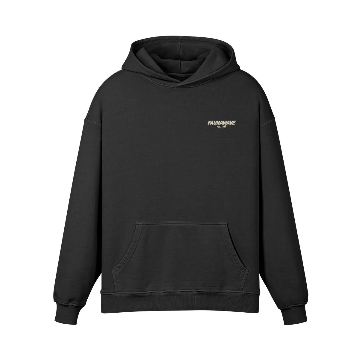 Front of Faded Black fox hoodie with small Faunawave chest logo, flat lay
