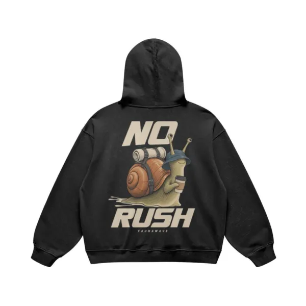 No Rush snail graphic hoodie in Faded Black, oversized heavyweight back print, flat lay