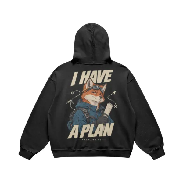 I Have a Plan fox graphic hoodie in Faded Black, oversized heavyweight back print, flat lay