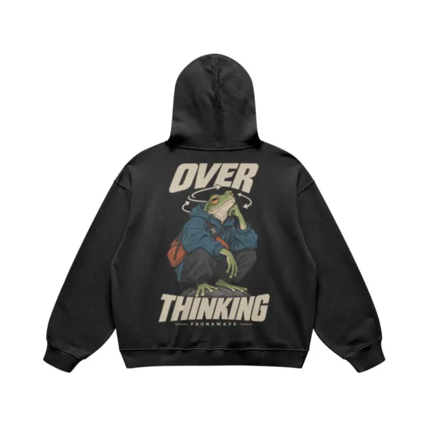 Overthinking frog graphic hoodie in Faded Black, oversized heavyweight back print, flat lay