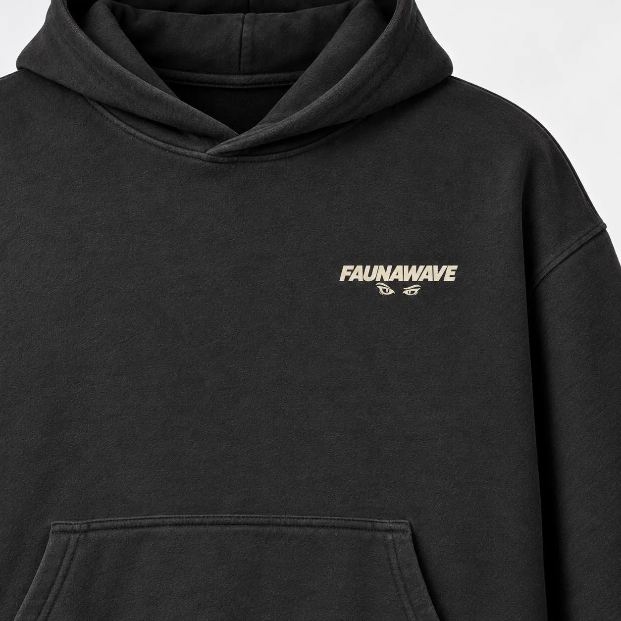 Close-up of the small Faunawave logo on the coffee cat hoodie (illustrative mockup)