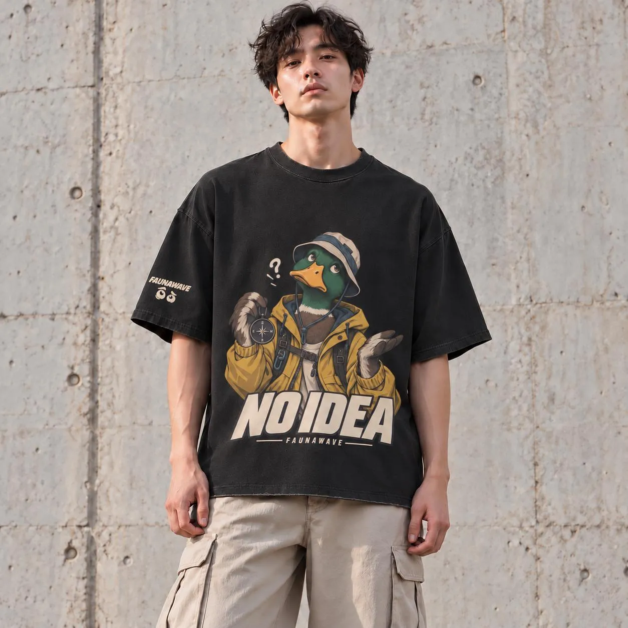 Man wearing oversized duck T-shirt with No Idea front print (illustrative mockup)