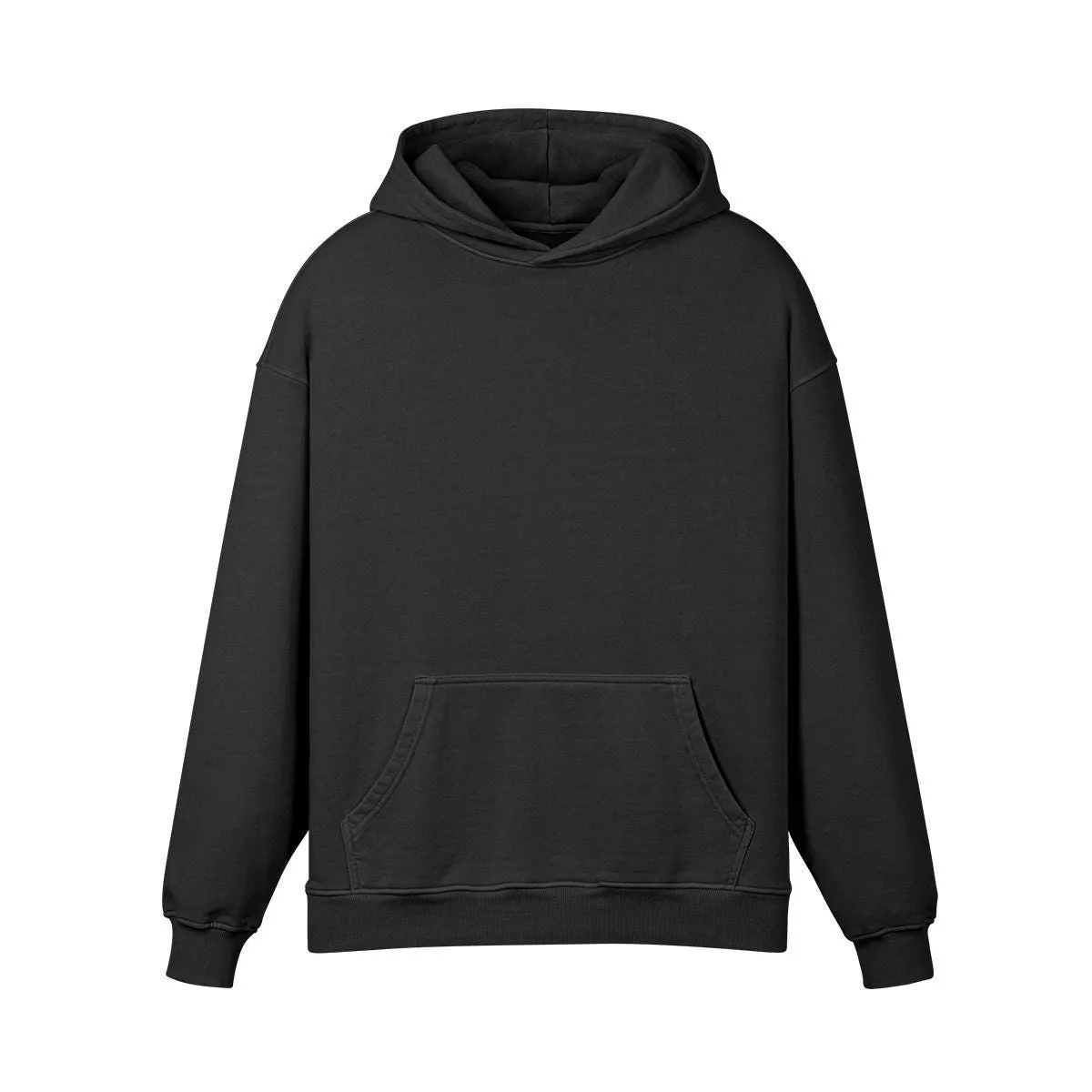 Plain front of the Faded Black oversized Christmas cat hoodie, design printed on the back, flat lay