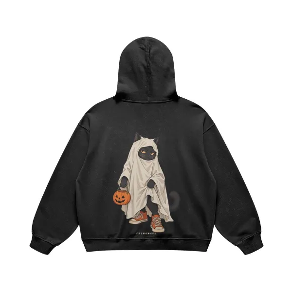 FAUNAWAVE ghost cat Halloween: Faded black hoodie laid flat, showing the printed back.