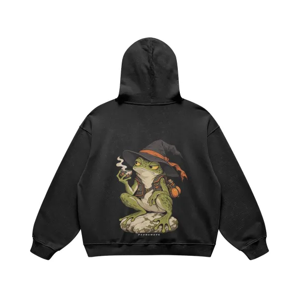 FAUNAWAVE witch frog Halloween: Faded black hoodie laid flat, showing the printed back.