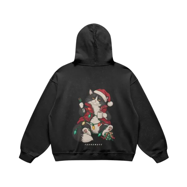FAUNAWAVE grumpy Christmas cat: Faded black hoodie laid flat, showing the printed back.
