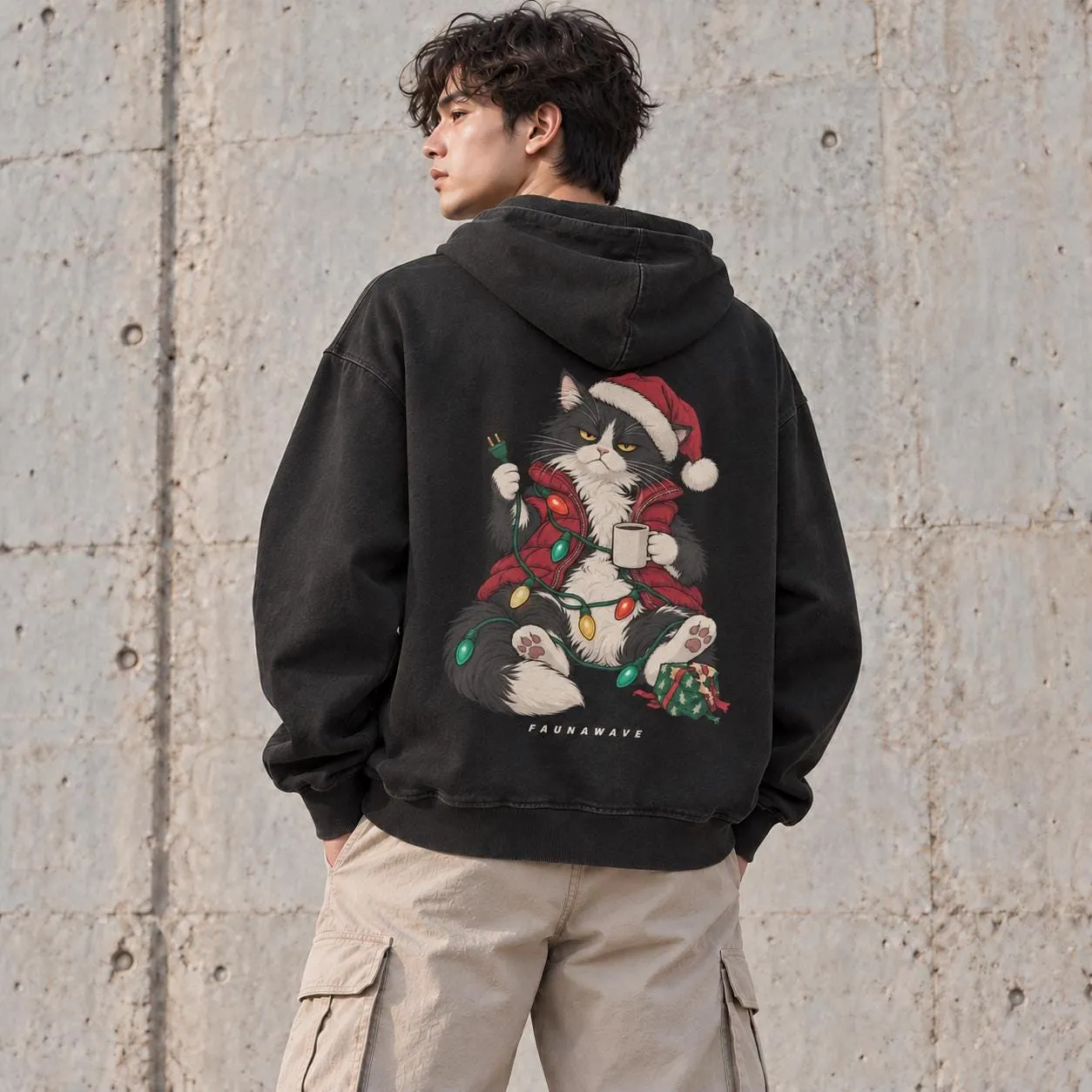 FAUNAWAVE grumpy Christmas cat: Male model wearing the oversized heavyweight cotton hoodie, back view; AI-generated illustrative mockup.
